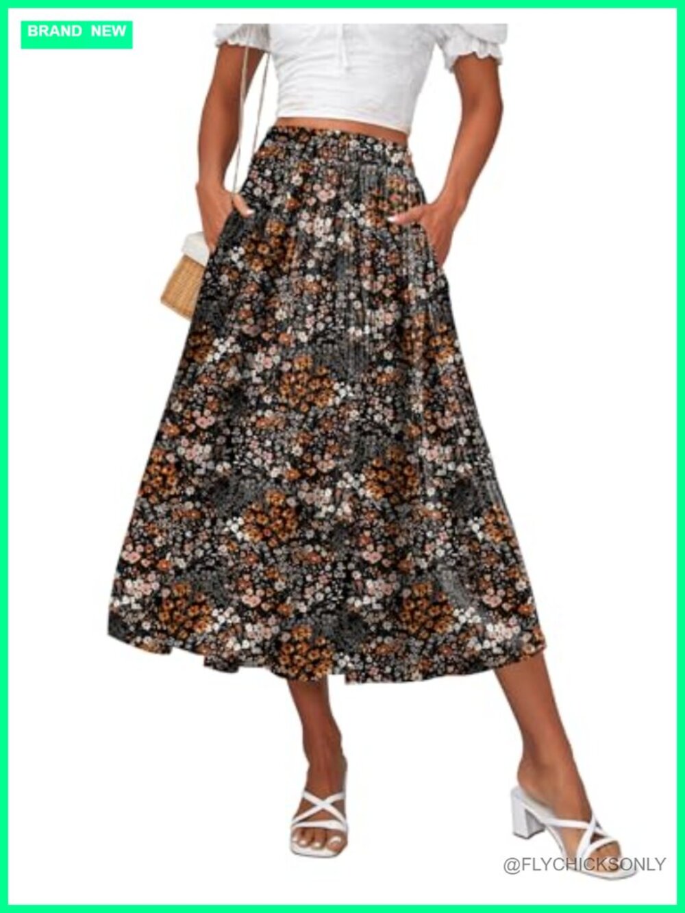 Pleated Midi Skirt High Waisted A-Line Swing with Pockets